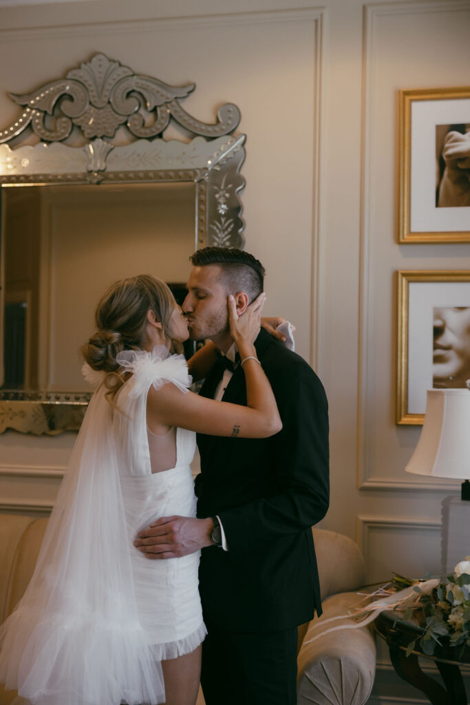 Bride and groom kissing