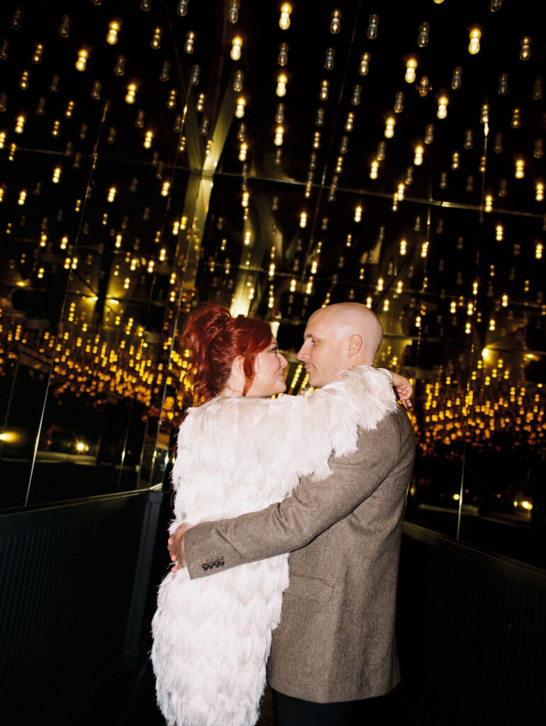 Bride and groom portraits on Fremont Street captured on 35mm film