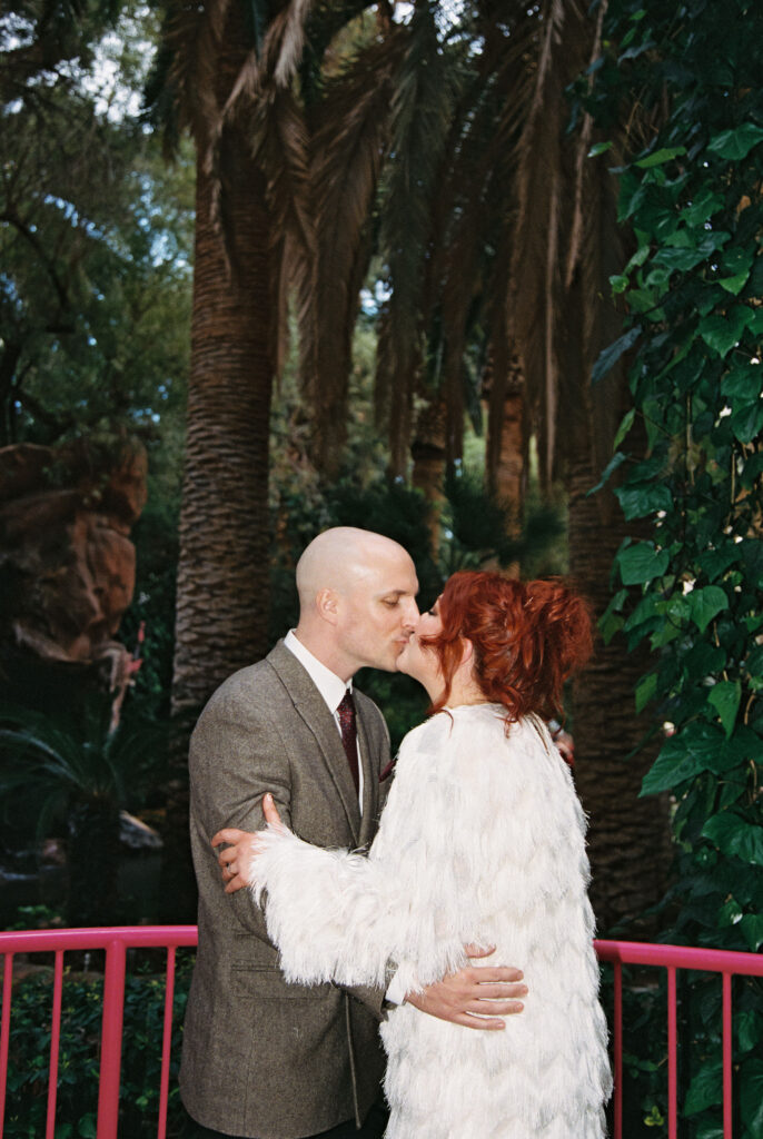 Bride and grooms first looks at Flamingo Hotel in Las Vegas captured on 35mm film