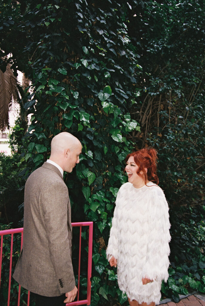 Bride and grooms first looks at Flamingo Hotel in Las Vegas captured on 35mm film