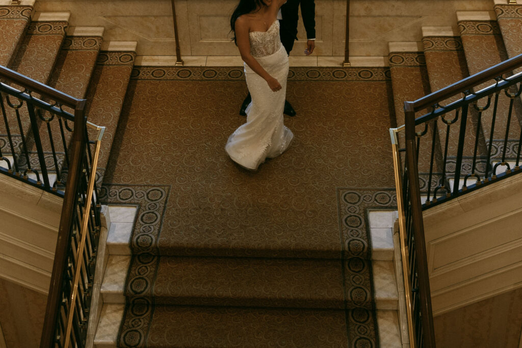 Bride and groom dancing together.