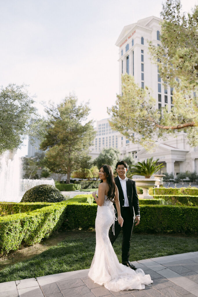 Bride and grooms outdoor portraits at Caesars Palace in Las Vegas