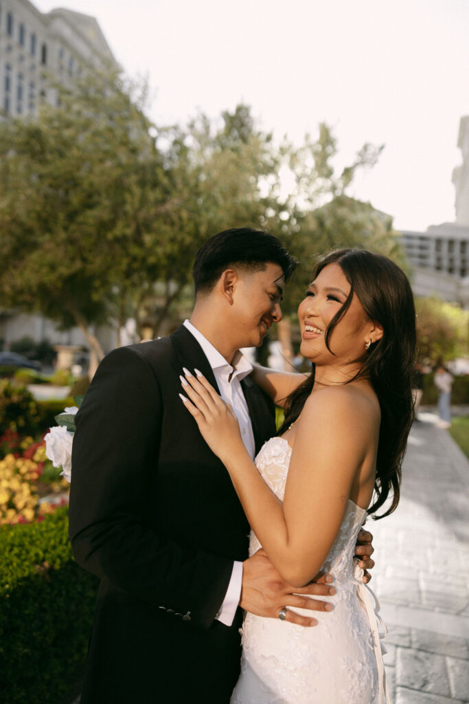 Bride and grooms outdoor portraits at Caesars Palace in Las Vegas