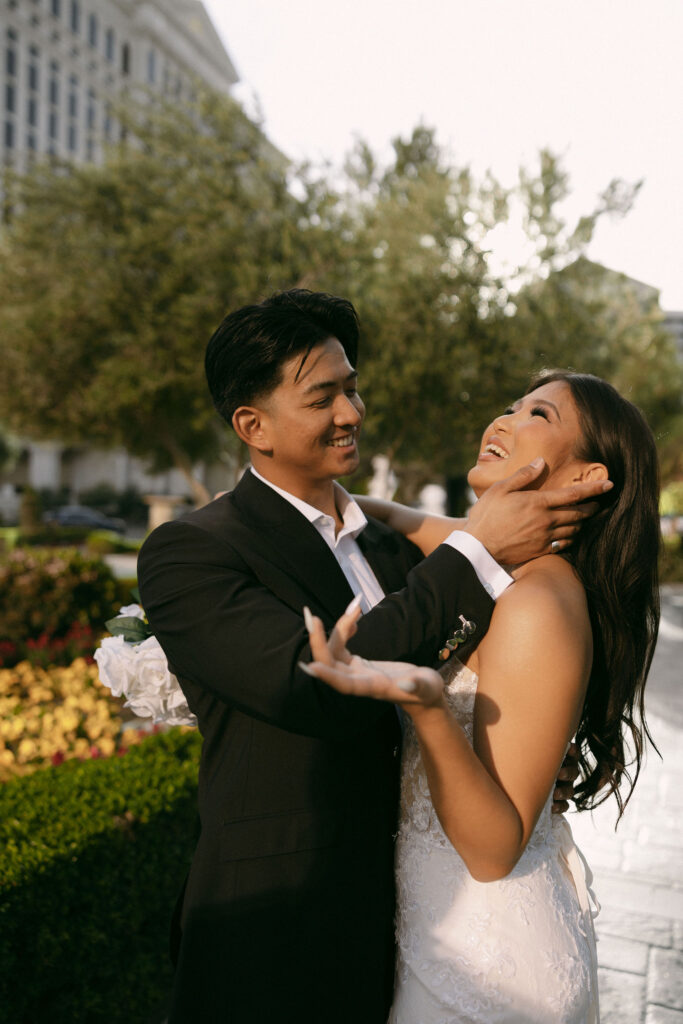 Bride and grooms outdoor portraits at Caesars Palace in Las Vegas