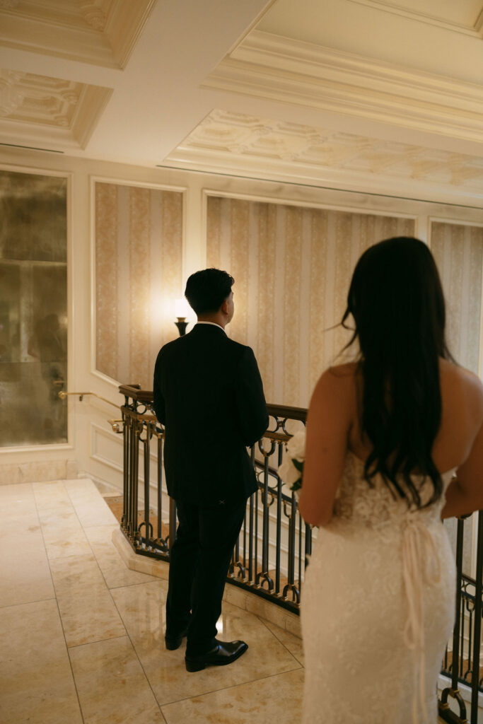 Bride and groom sharing their first looks at Caesars Palace in Las Vegas.