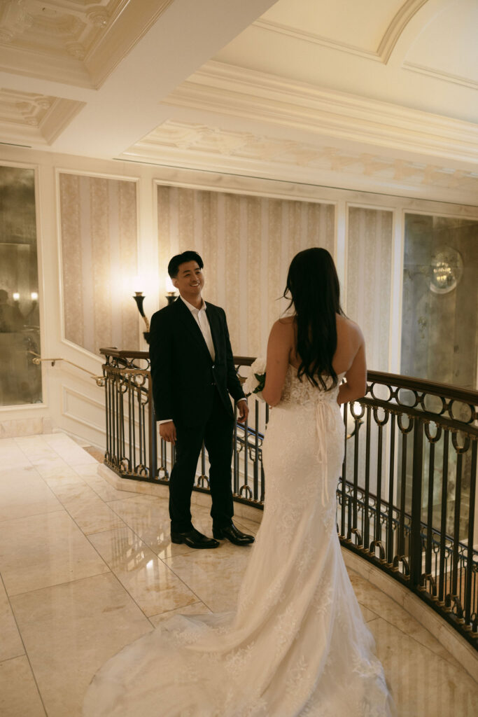 Bride and groom sharing their first looks at Caesars Palace in Las Vegas.