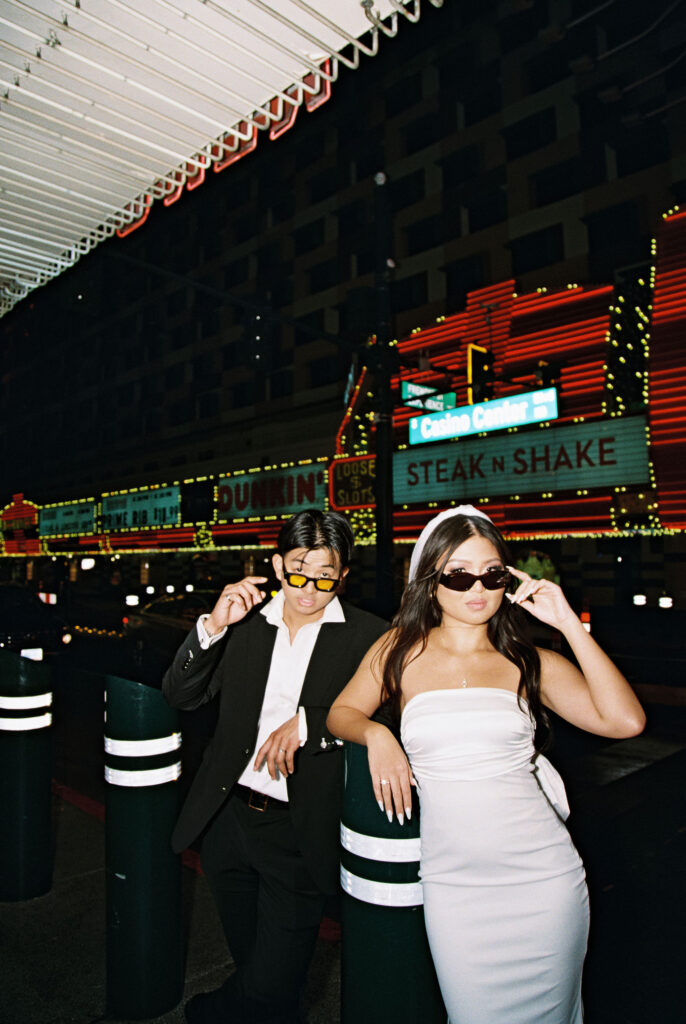 Film photos of a bride and groom at Steak and Shake