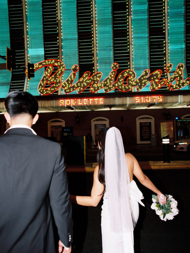 Bride and groom portraits outside of a Las Vegas casino.