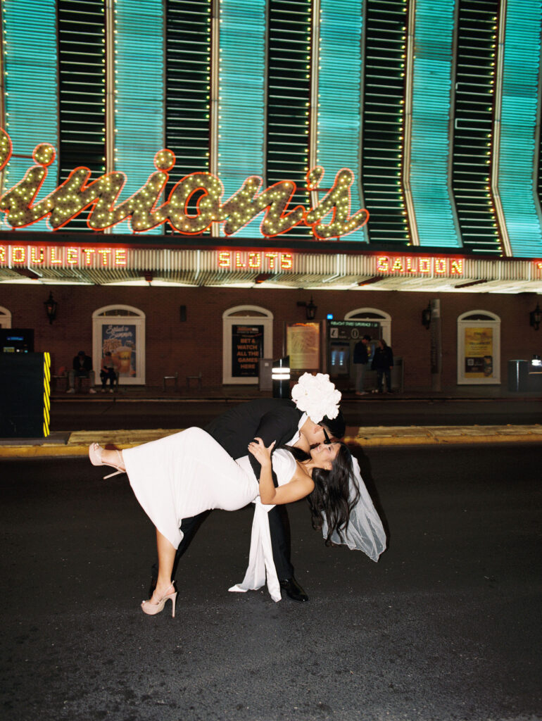 Bride and groom portraits outside of a Las Vegas casino.