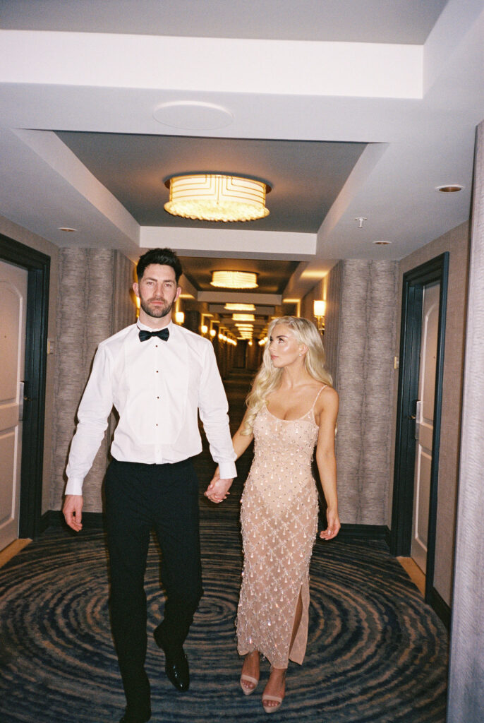 Bride and grooms night before elopement photoshoot at Bellagio in Las Vegas captured on 35mm film