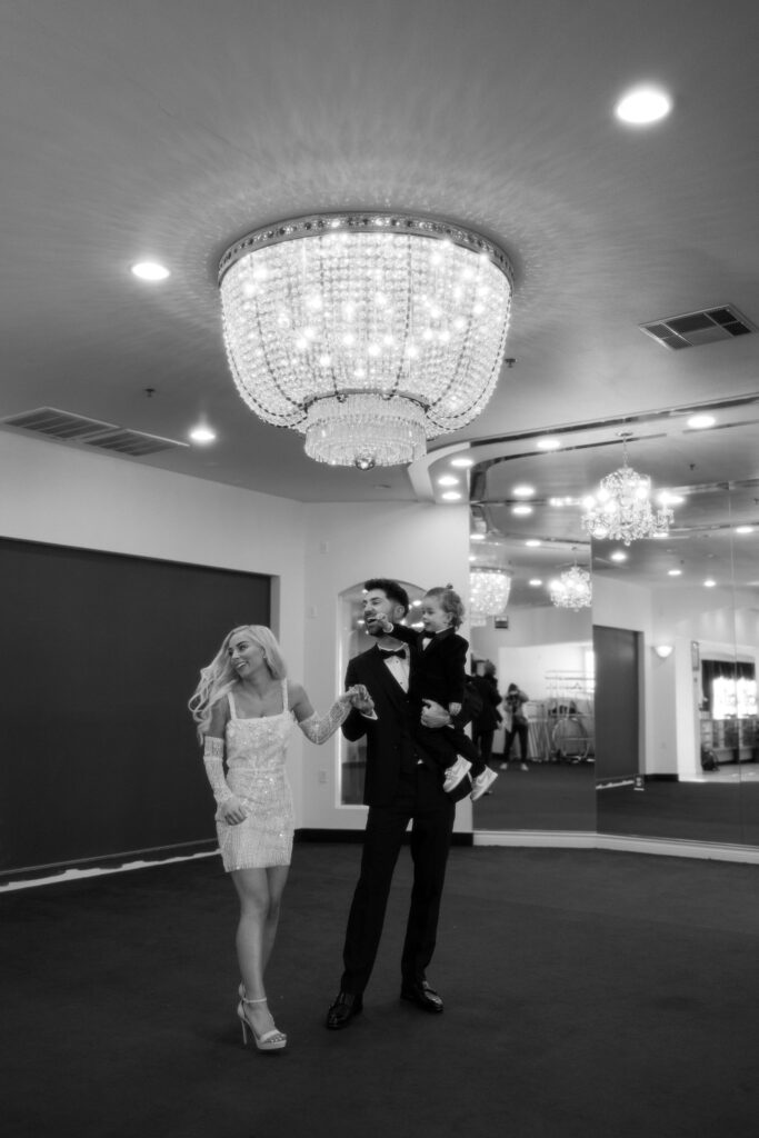 Black and white photo of a a bride and groom at The Little White Chapel