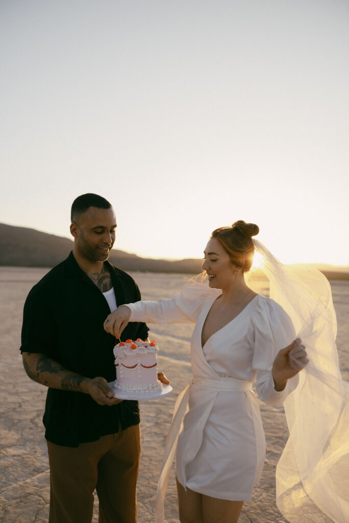 Bride picking a cherry off of their pink elopement cake