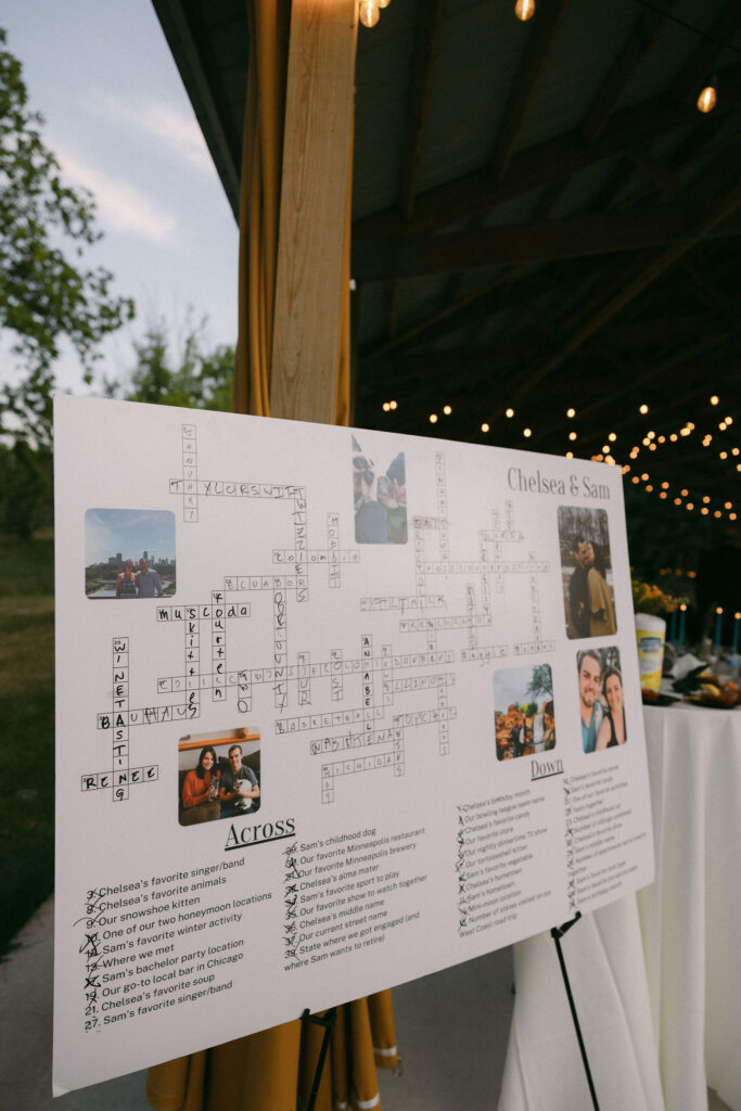 Wedding seating chart crossword puzzle for a summer camp wedding reception in Wisconsin