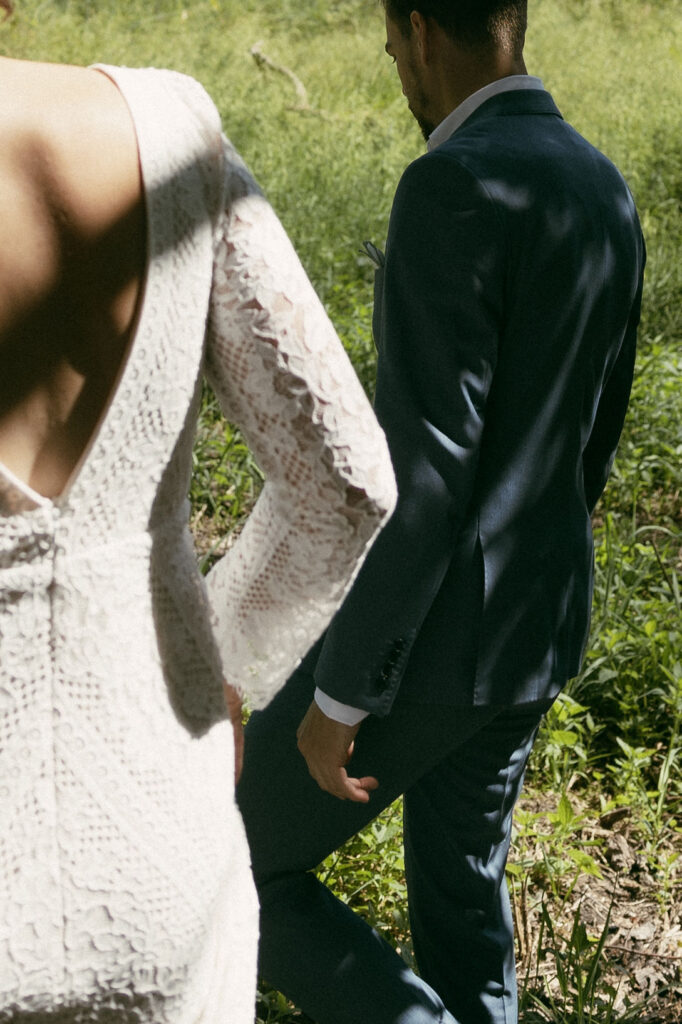 Bride and groom walking together