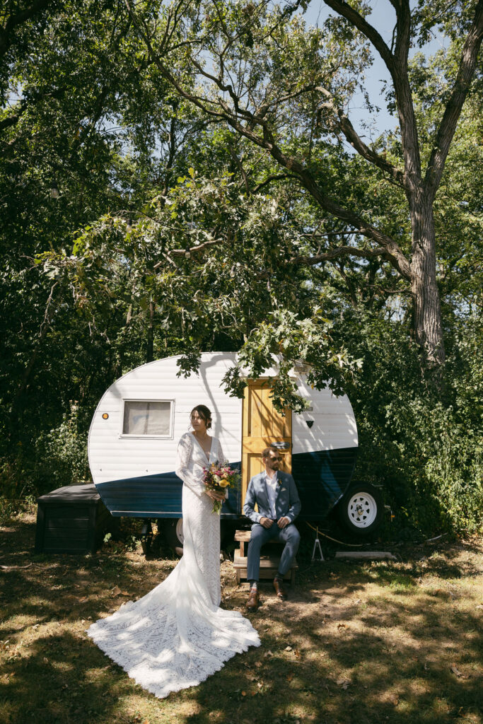 Outdoor bride and grooms portraits from a summer camp wedding in Wisconsin at Camp Kettlewood