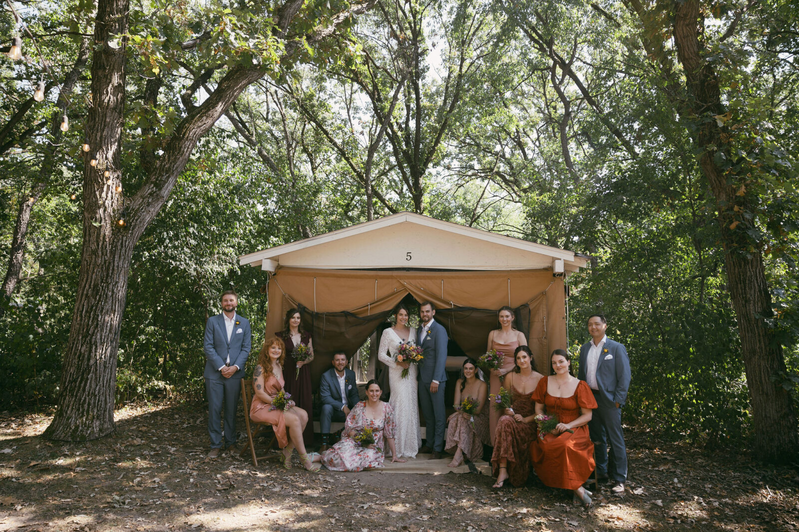 Full wedding party portraits from a summer camp wedding in Wisconsin at Camp Kettlewood