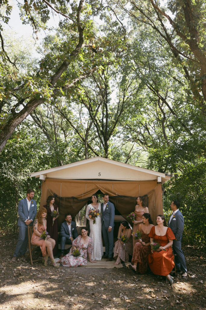 Full wedding party portraits from a summer camp wedding in Wisconsin at Camp Kettlewood