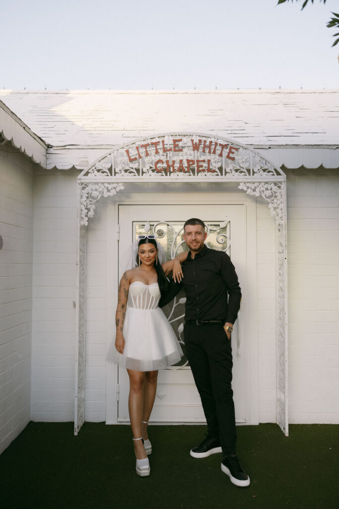 Editorial elopement photos of a bride and groom at The Little White Wedding Chapel in Las Vegas