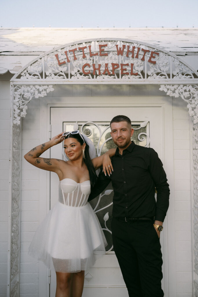 Editorial elopement photos of a bride and groom at The Little White Wedding Chapel in Las Vegas