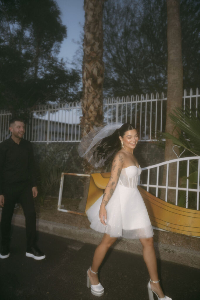 Cinematic elopement portraits of a bride and groom in Las Vegas