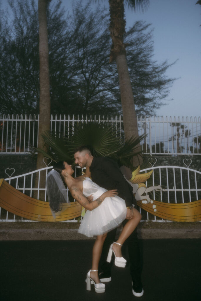 Cinematic elopement portraits of a bride and groom in Las Vegas