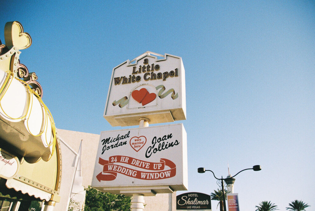 Little White Wedding Chapel sign on film