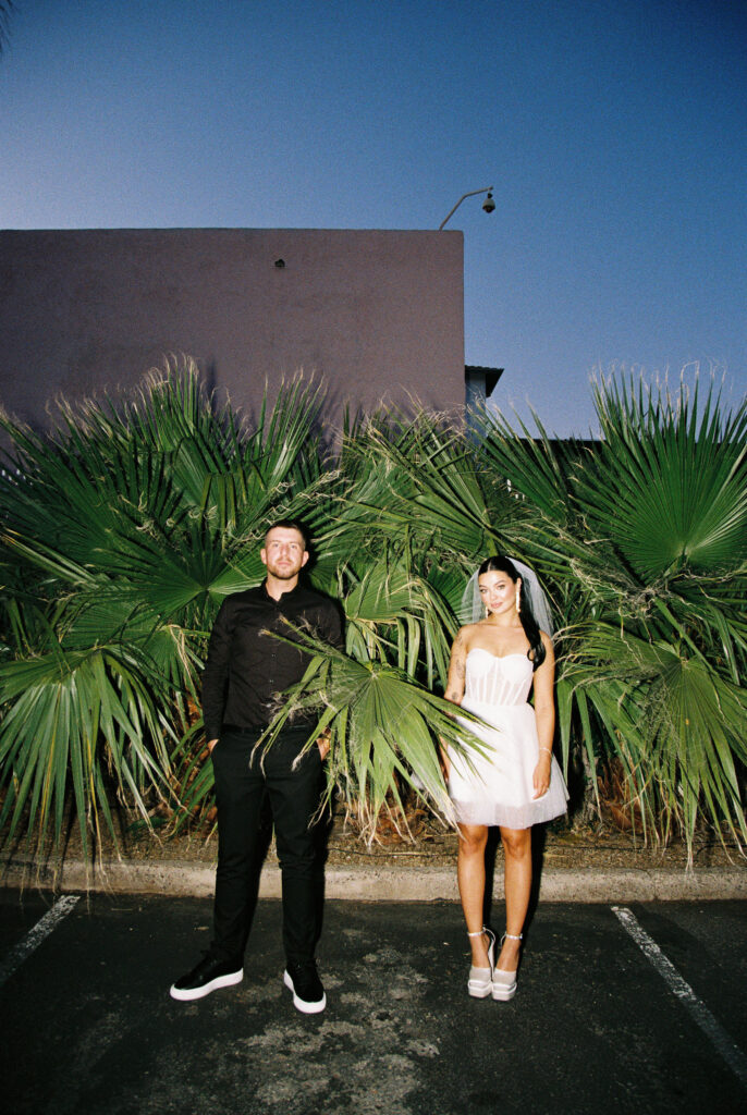 Flash photo of a bride and groom in front of greenery