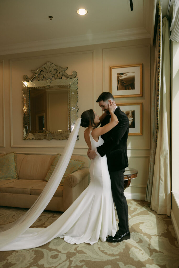 Bride and groom hugging during their first look