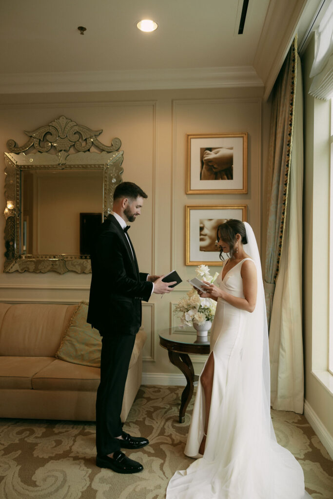 Bride and groom exchanging vows before their Venetian Las Vegas wedding