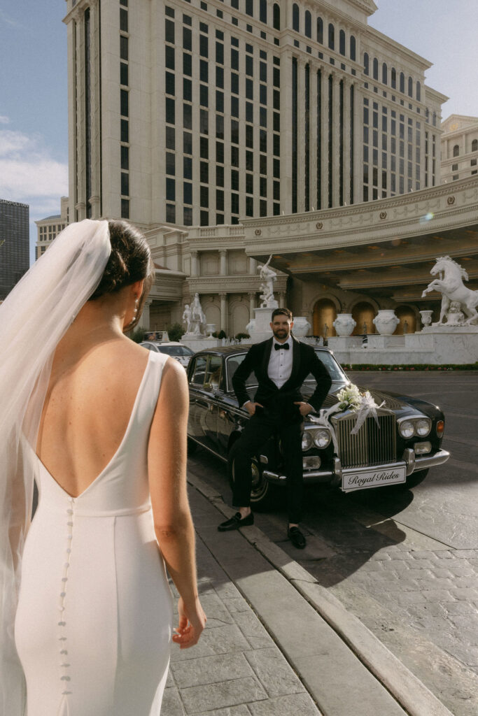 Editorial bride and grooms portraits in Las Vegas, Nevada with a classic Rolls-Royce