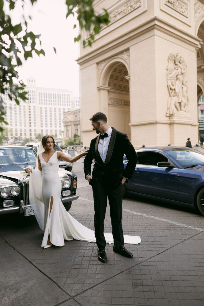 Editorial bride and grooms portraits in Las Vegas, Nevada with a classic Rolls-Royce