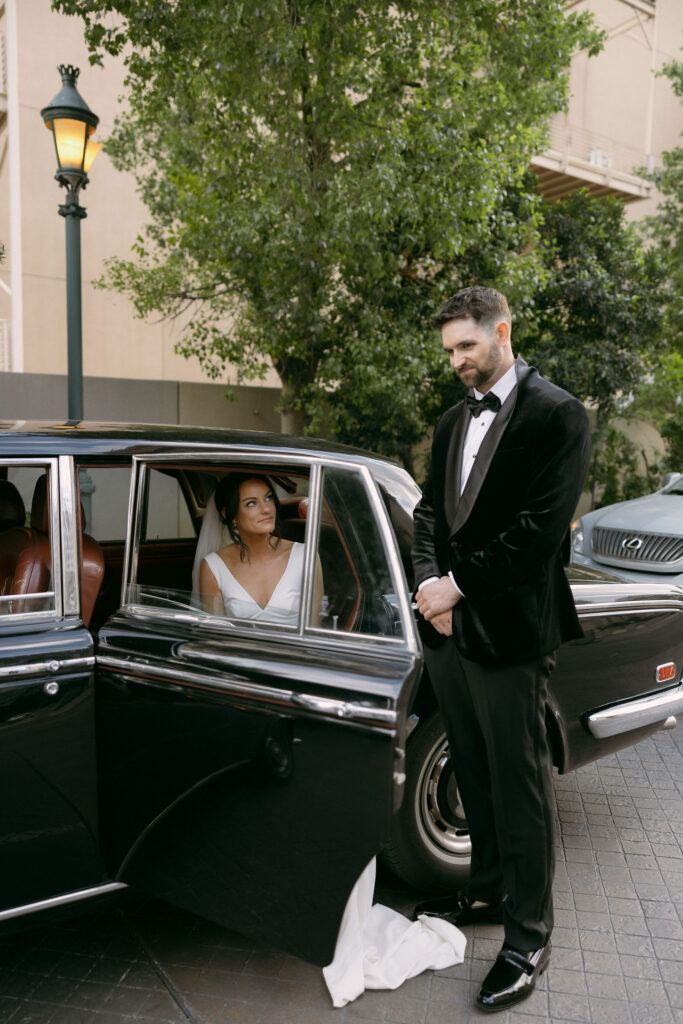 Editorial bride and grooms portraits in Las Vegas, Nevada with a classic Rolls-Royce