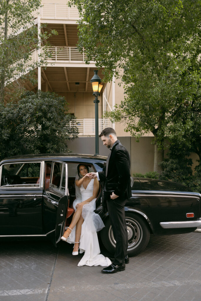 Editorial bride and grooms portraits in Las Vegas, Nevada with a classic Rolls-Royce