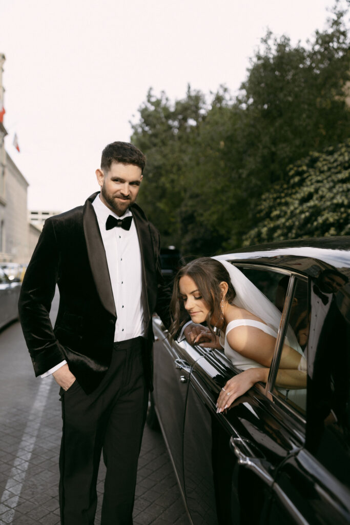 Editorial bride and grooms portraits in Las Vegas, Nevada with a classic Rolls-Royce