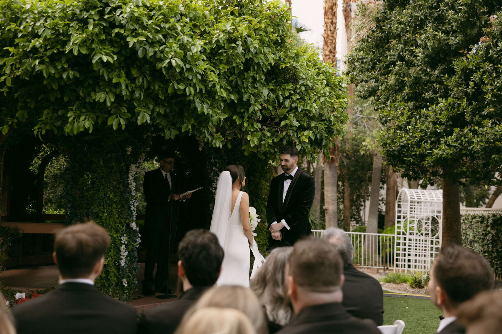 Bride and groom at the altar during their Flamingo Gazebo wedding ceremony in Las Vegas