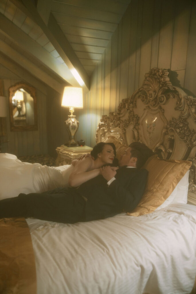 Bride and grooms sexy post wedding photos in their hotel room