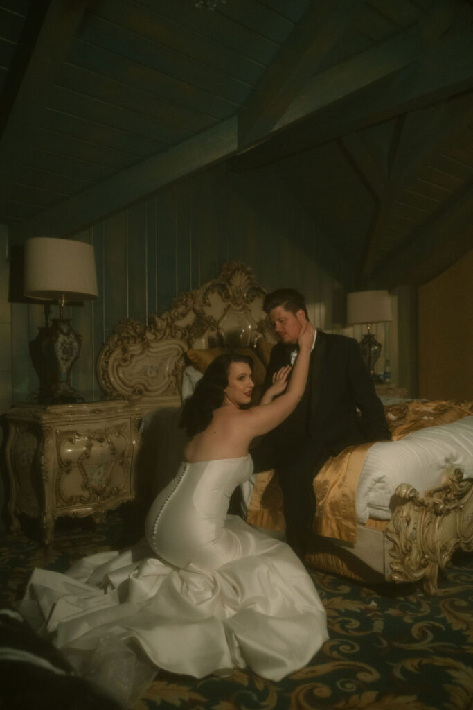 Bride and grooms sexy post wedding photos in their hotel room