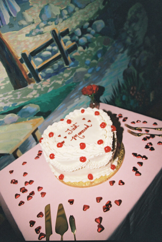 A vintage-inspired wedding cake on film