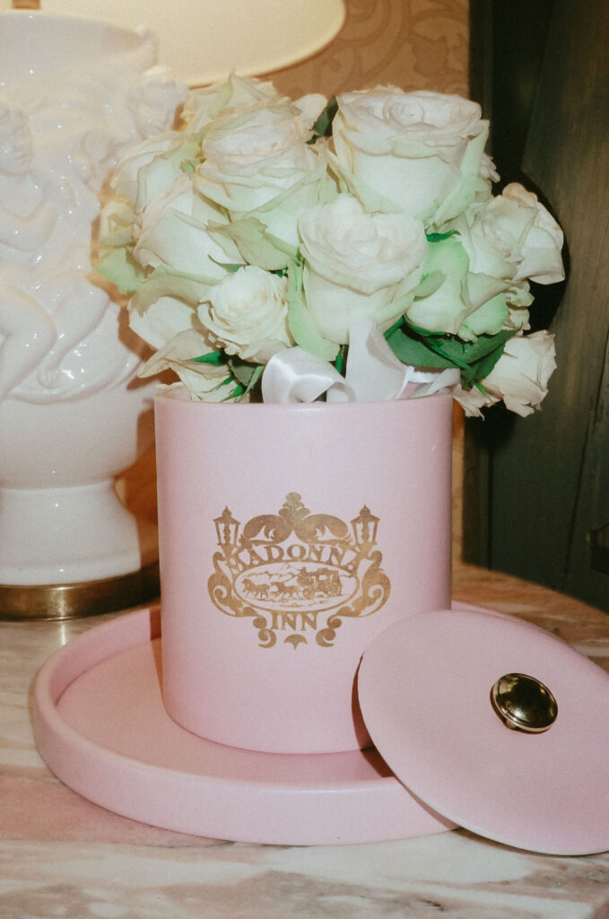Brides wedding bouquet sitting in a Madonna Inn ice bucket