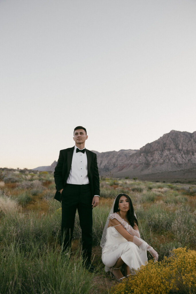 Bride and groom editorial wedding portraits in Red Rock Canyon - digital vs film wedding photography