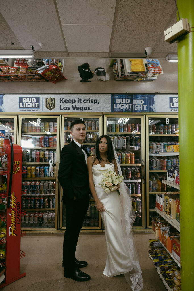 Digital photo of a bride and groom in a Las Vegas gas station