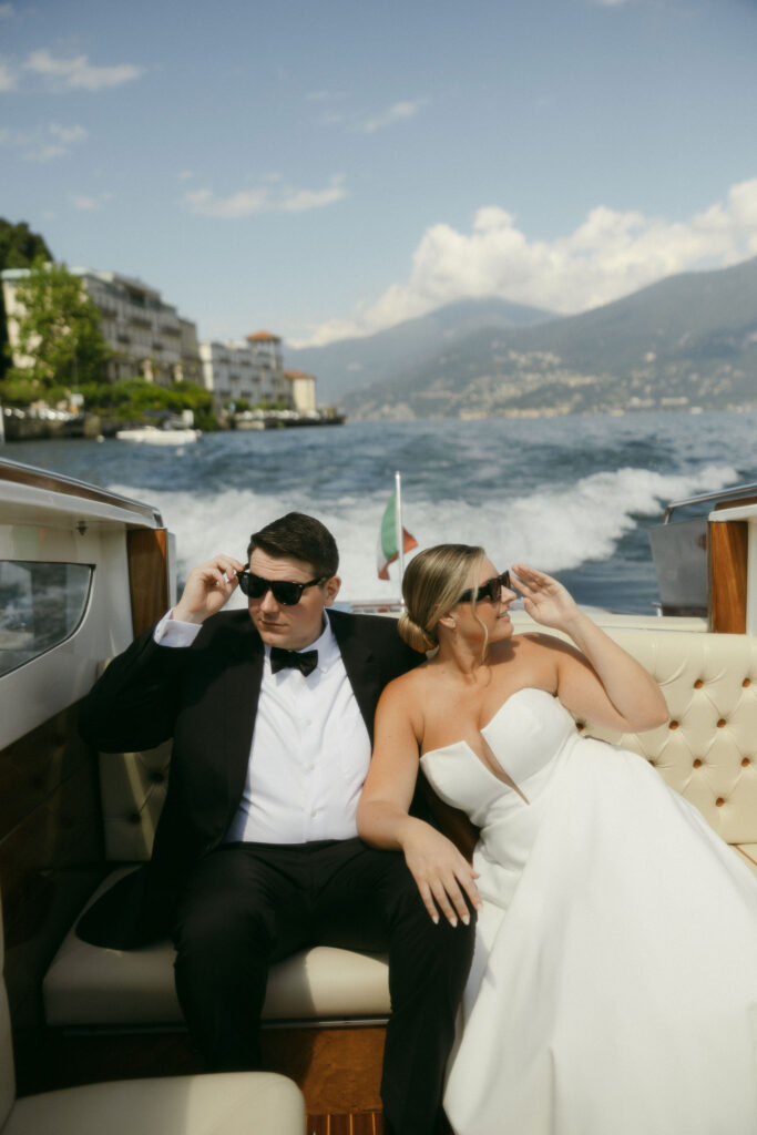 Bride and grooms Lake Como elopement portraits on a boat