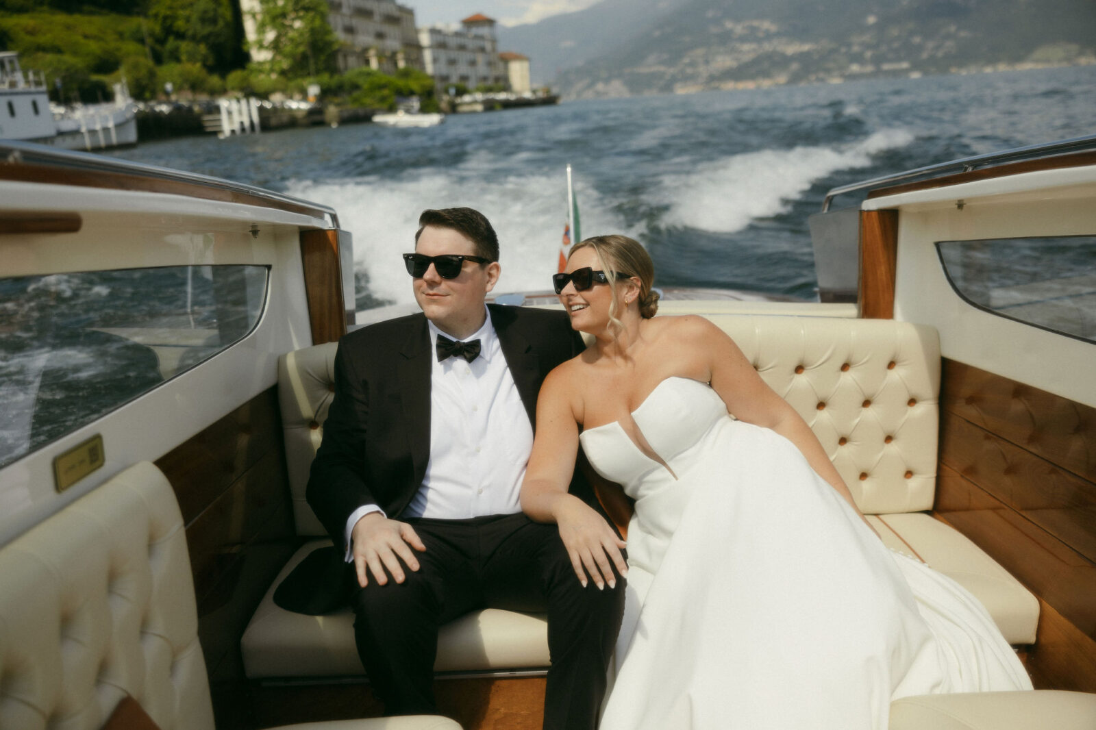 Bride and grooms Lake Como elopement portraits on a boat