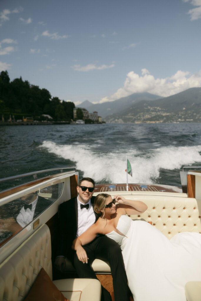 Bride and grooms Lake Como elopement portraits on a boat