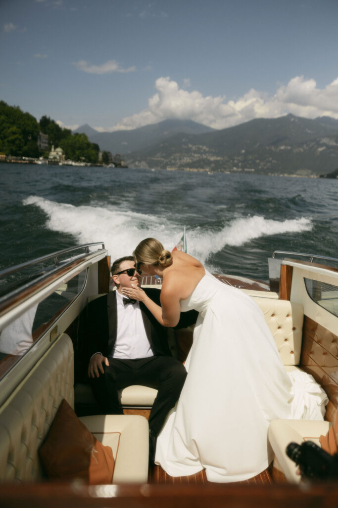 Bride and grooms Lake Como elopement portraits on a boat