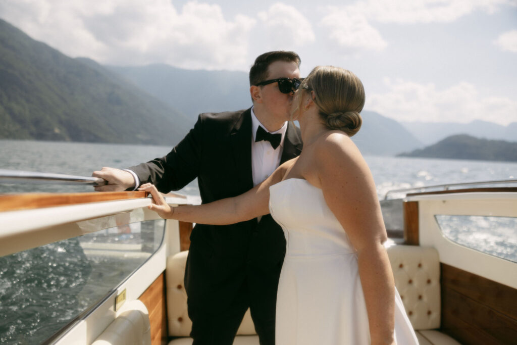 Bride and groom kissing during their Lake Como elopement in Italy