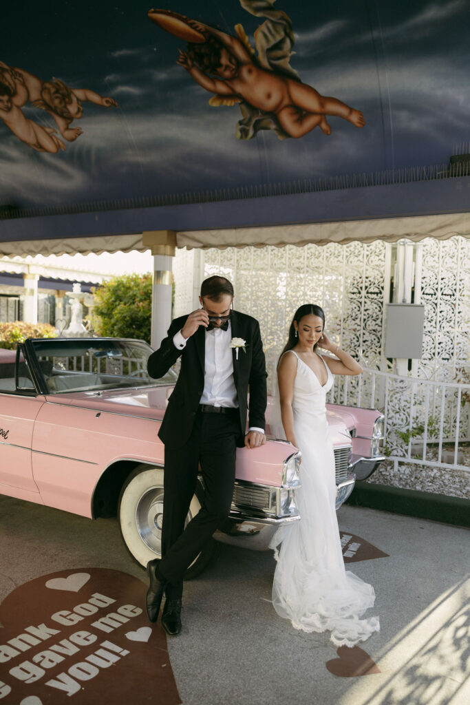 Editorial Las Vegas elopement portraits with The Pink Cadillac at Little White Chapel