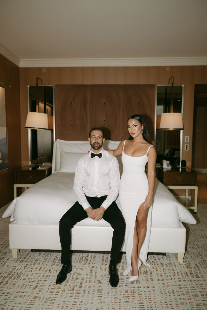 Bride and grooms Wynn Las Vegas elopement photos in their hotel suite