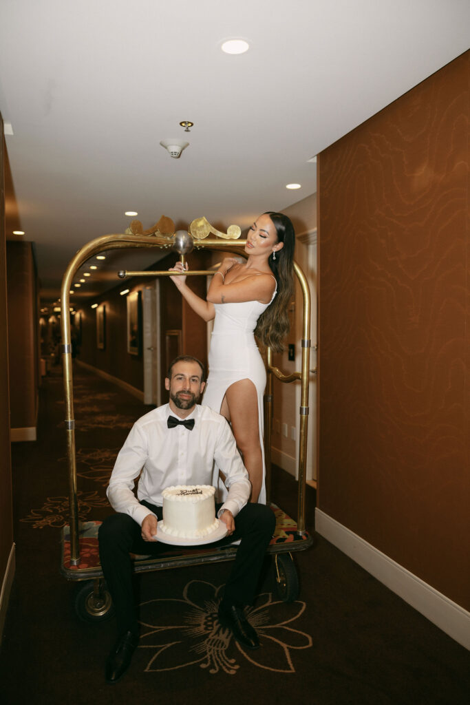 Editorial Las Vegas hotel elopement photos with a luggage cart at Wynn