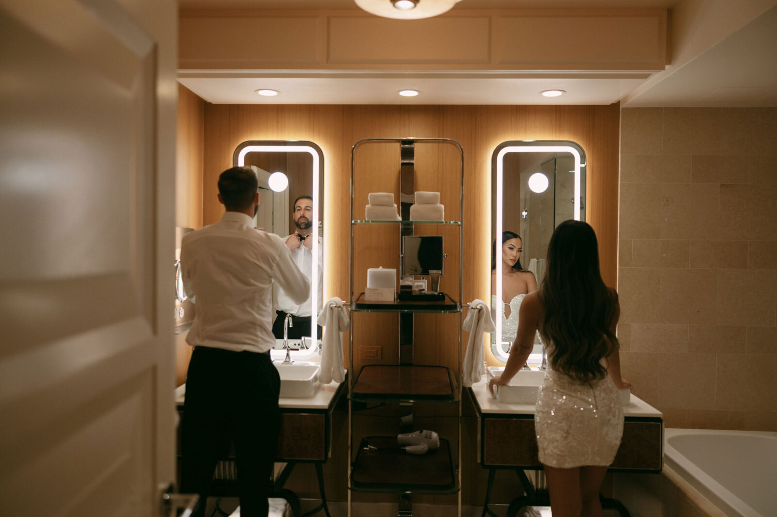 Bride and grooms Wynn Las Vegas elopement portraits in their hotel bathroom